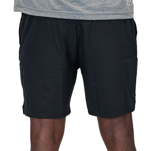 close up front view of black quarter length unisex shorts