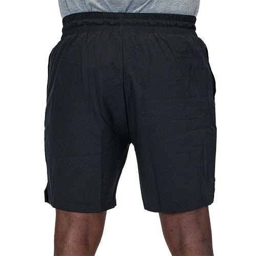 back view of black quarter length unisex shorts
