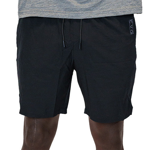 front view of black quarter length unisex shorts
