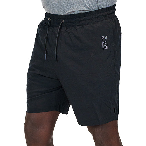 side view of black quarter length unisex shorts