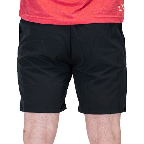 back view of black quarter length unisex shorts