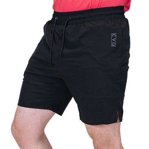 front view of black quarter length unisex shorts