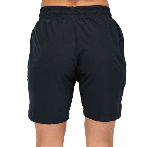 back view of black quarter length unisex shorts