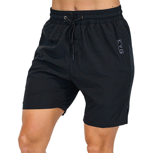 front view of black quarter length unisex shorts