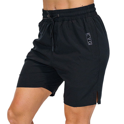 front view of black quarter length unisex shorts