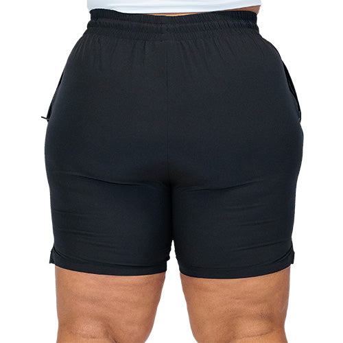 back view of black quarter length unisex shorts