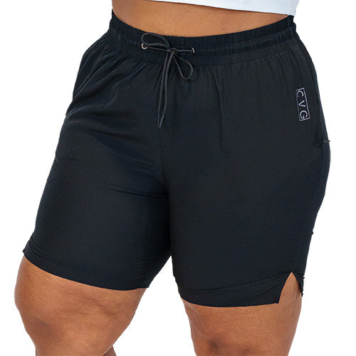 front view of black quarter length unisex shorts