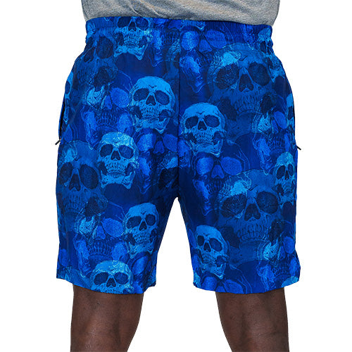 back view of blue skull quarter length unisex shorts