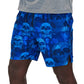 front close up view of blue skull quarter length unisex shorts