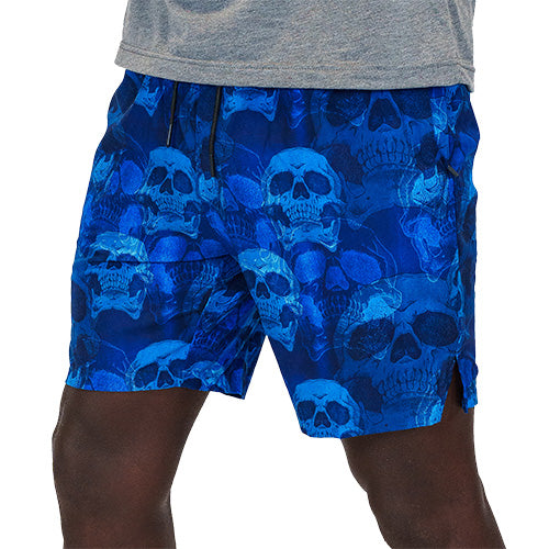 front close up view of blue skull quarter length unisex shorts