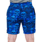back view of blue skull quarter length unisex shorts