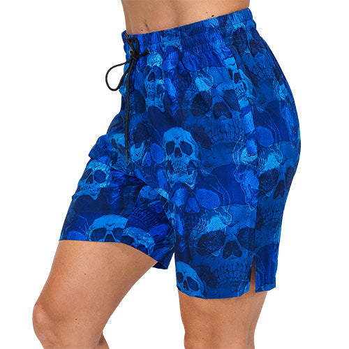 side view of blue skull quarter length unisex shorts