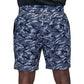 back view of black and grey camo quarter length unisex shorts