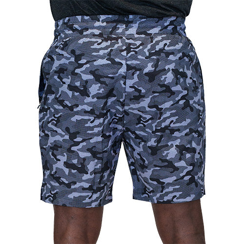 back view of black and grey camo quarter length unisex shorts