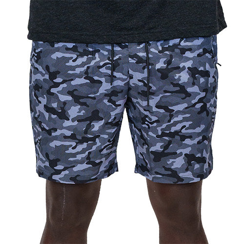 front view of black and grey camo quarter length unisex shorts