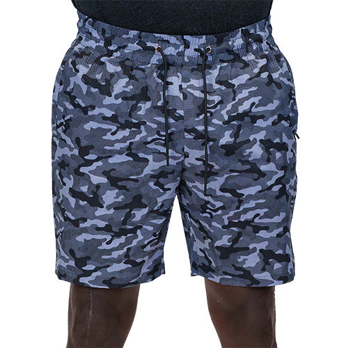 front view of black and grey camo quarter length unisex shorts