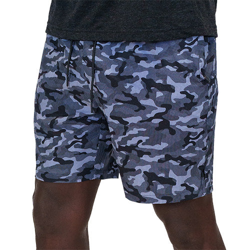 front view of black and grey camo quarter length unisex shorts