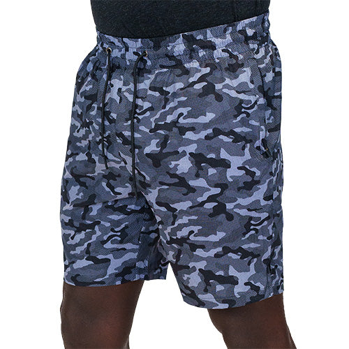 front view of black and grey camo quarter length unisex shorts