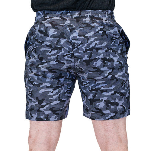 back view of black and grey camo quarter length unisex shorts