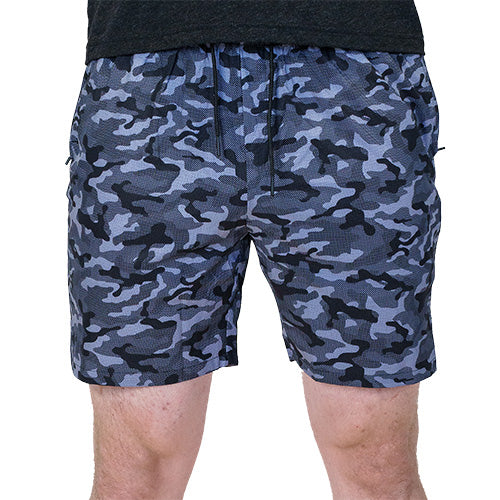 close up front view of black and grey camo quarter length unisex shorts