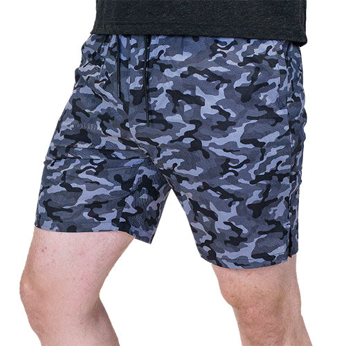 front view of black and grey camo quarter length unisex shorts