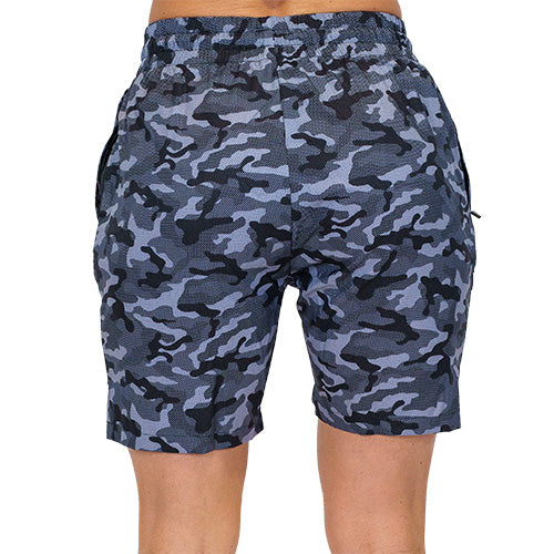 back view of black and grey camo quarter length unisex shorts
