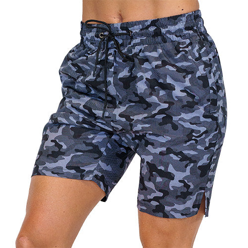 front view of black and grey camo quarter length unisex shorts