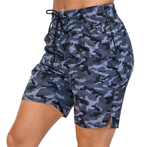 front view of black and grey camo quarter length unisex shorts