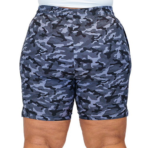 back view of black and grey camo quarter length unisex shorts