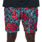 front view of heart, roses and chains design on quarter length unisex shorts