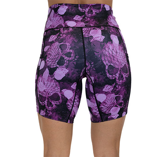 back view of 7 inch berry colored mermaid skull patterned shorts