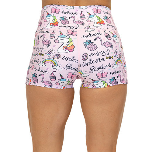back view of rainbow unicorn 2.5 inch shorts