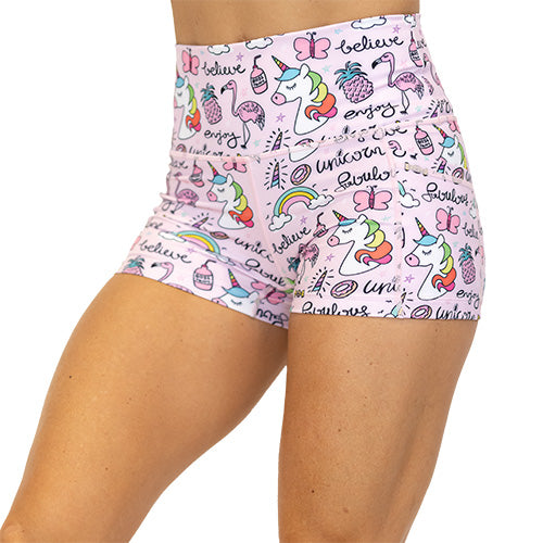 front view of rainbow unicorn 2.5 inch shorts