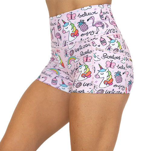 side view of rainbow unicorn 2.5 inch shorts