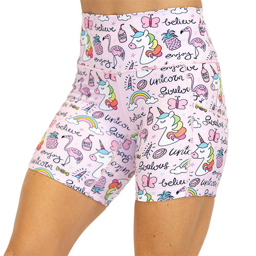front view of rainbow unicorn 5 inch shorts