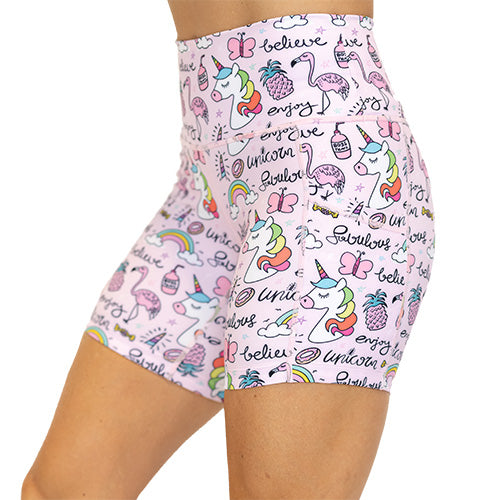 side view of rainbow unicorn 5 inch shorts