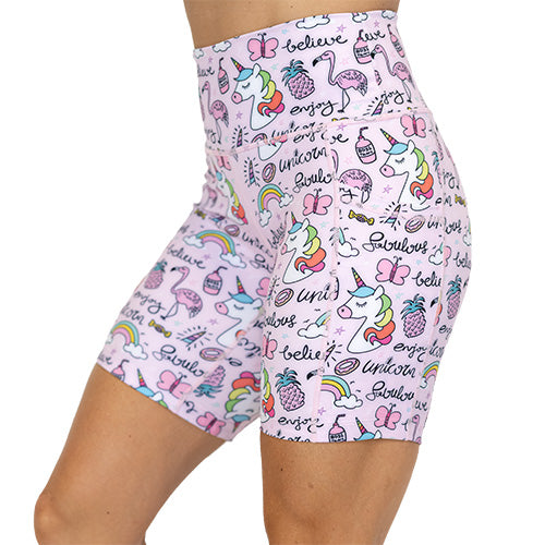 side view of rainbow unicorn 7 inch shorts