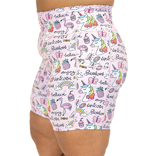 side view of rainbow unicorn 7 inch shorts