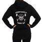Photo of the back of a model wearing a black zip up sweatshirt with a large CVG skull logo in the middle