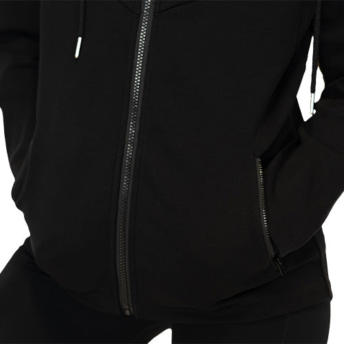Close up photo of pockets on the black zip up sweatshirt