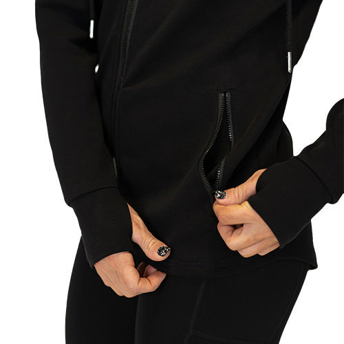 Photo of the zipper pockets on a black zip up sweatshirt