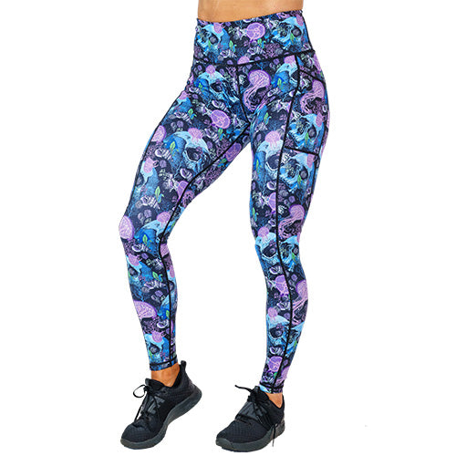 front view of full length purple jelly fish and blue skull print leggings