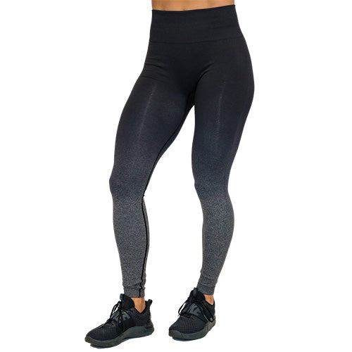 Photo of black ombre full length leggings. These are black at the top and fade to grey at the bottom of the legs.