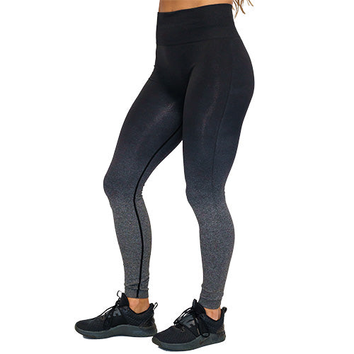 Photo of black ombre full length leggings. These are black at the top and fade to grey at the bottom of the legs.