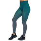 Photo of teal ombre full length leggings. These are teal at the top and fade to grey at the bottom of the legs.