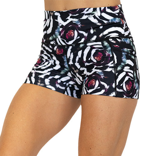 front view of blue, pink, white petal design on black 2.5" shorts