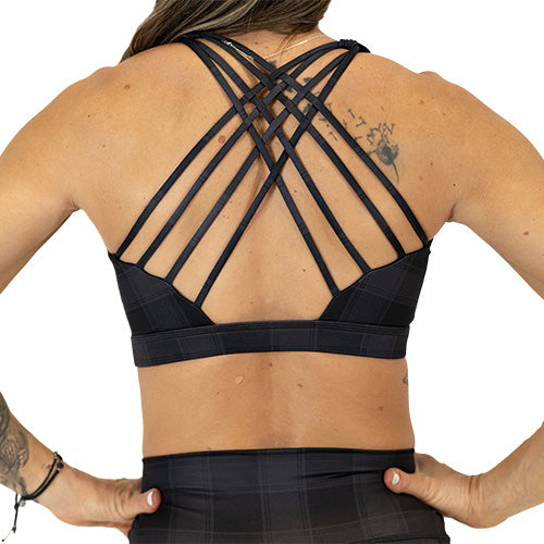 back view of butterfly back black plaid bra 