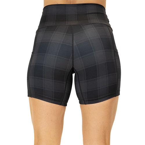 back view of 5 inch black plaid shorts