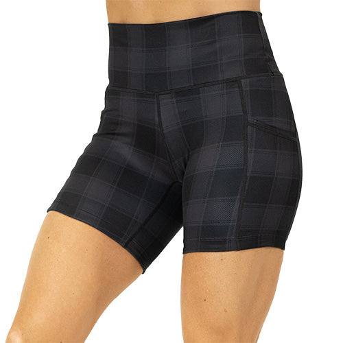 front view of 5 inch black plaid shorts 