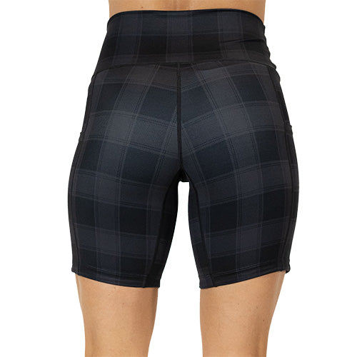 back view of 7 inch black plaid shorts 